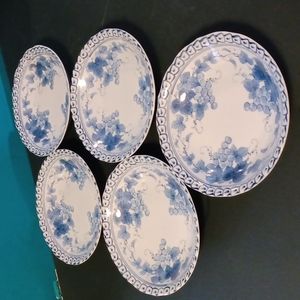Vintage Chinese Blue & White Porcelain Grapes Bowl Set of 5
